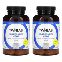 Twinlab Magnesium Caps bottle close-up shows high-absorption formula for potential leg cramps relief.