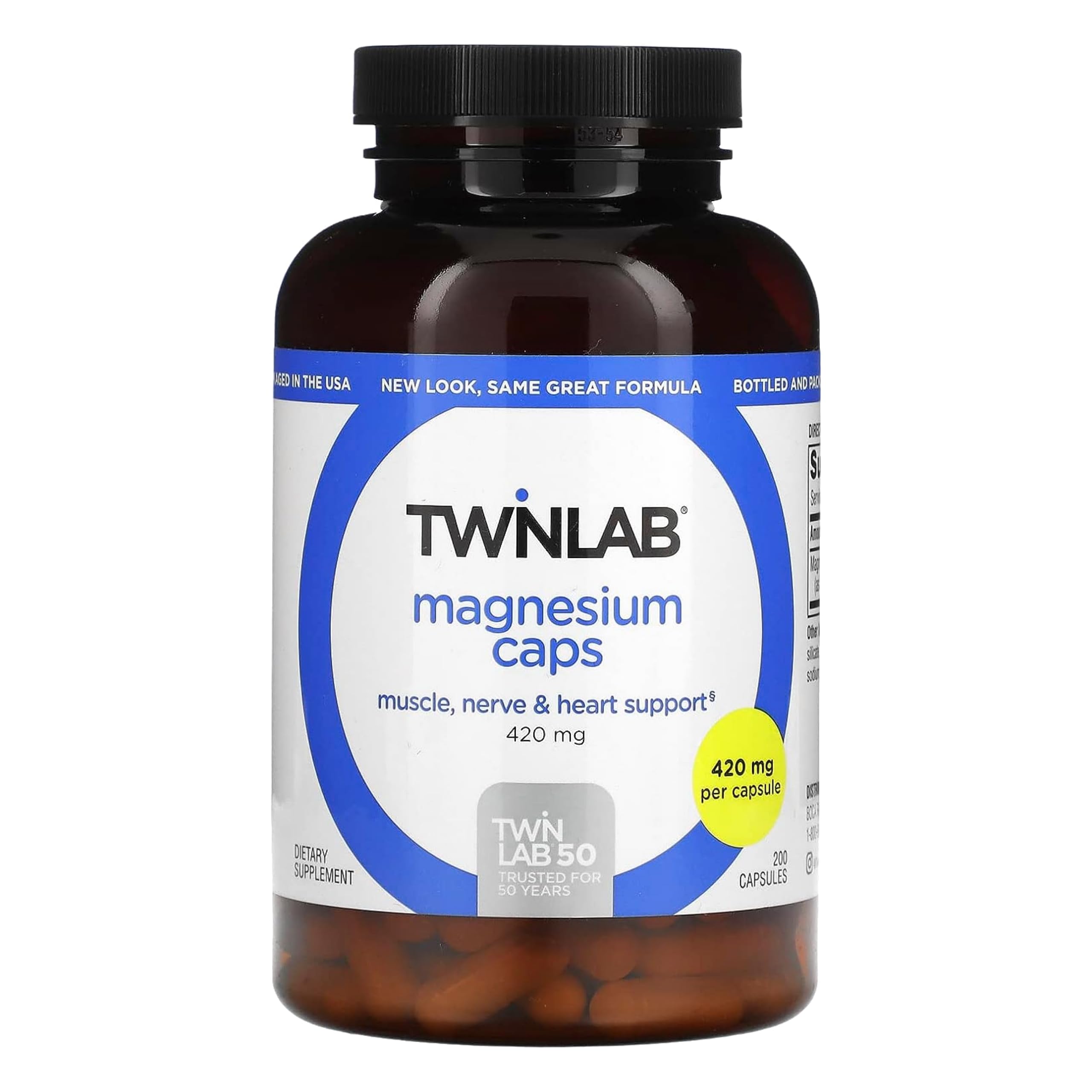 Twinlab Magnesium Caps front bottle shows high-absorption formula for muscle support.