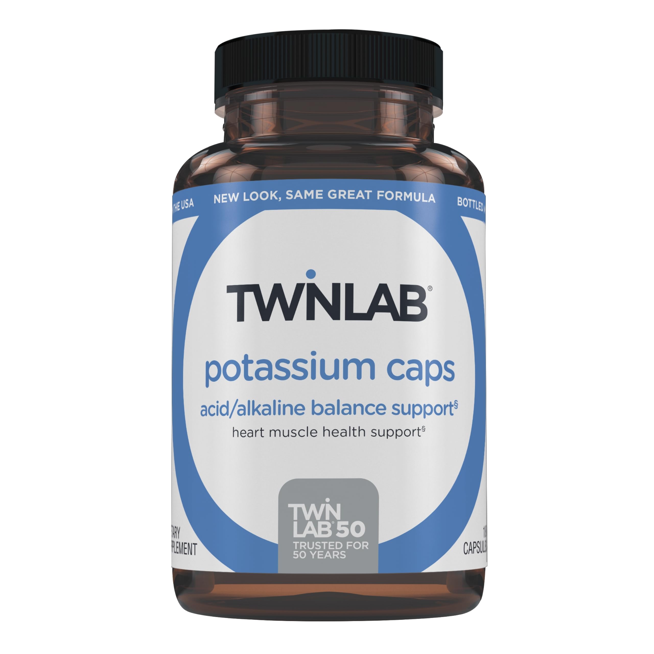 Twinlab Potassium Caps bottle front view highlighting electrolyte support for heart and muscle health.