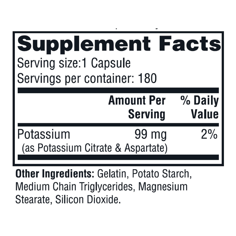 Twinlab Potassium Caps label close-up showing potassium content for daily electrolyte balance.
