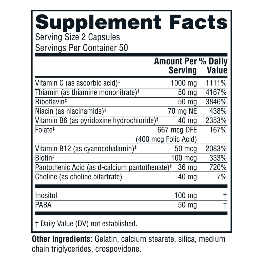 Twinlab Stress B-Complex bottle label highlighting immune and nerve health benefits