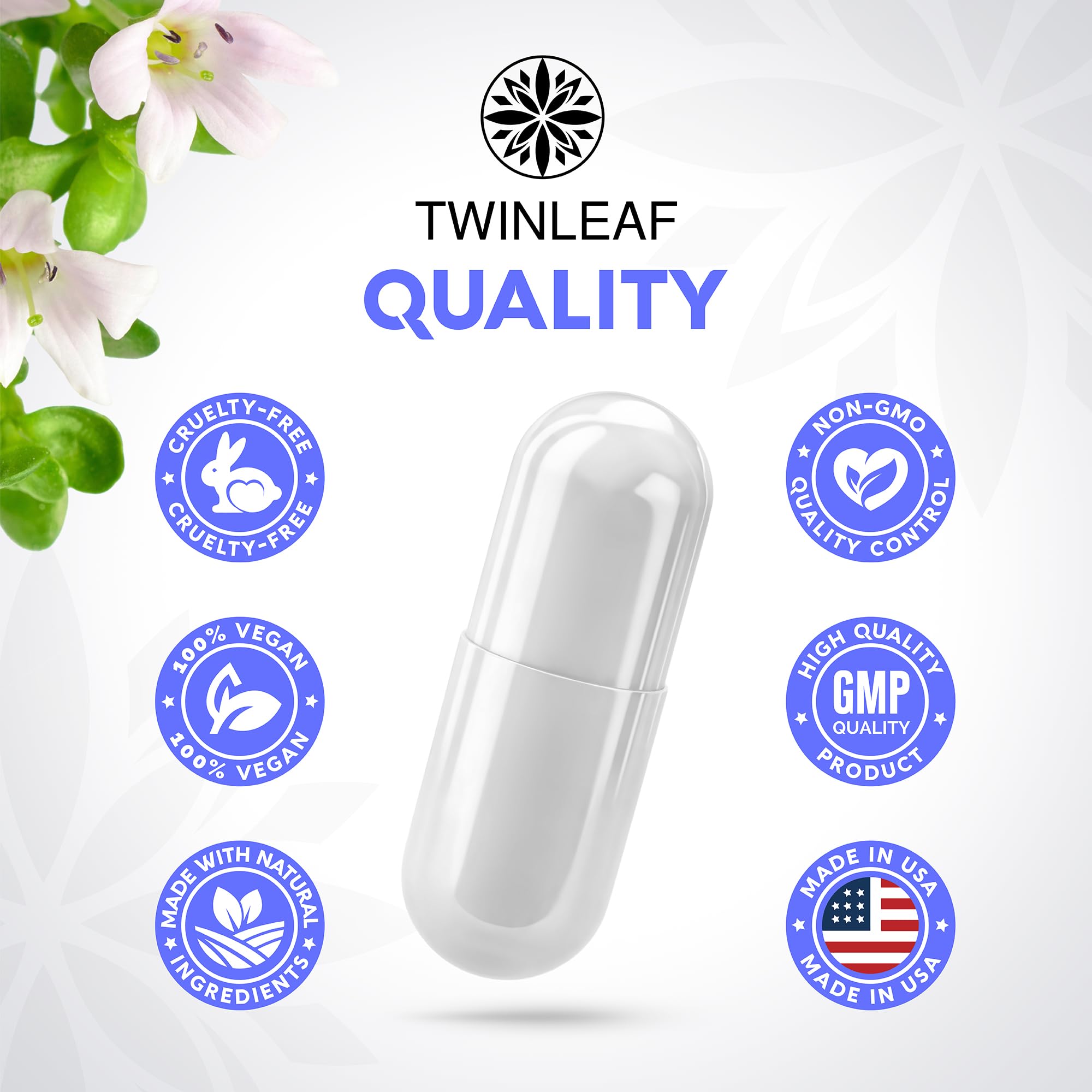 Twinleaf botanical blend image with Gotu Kola, Bacopa, Passionflower.