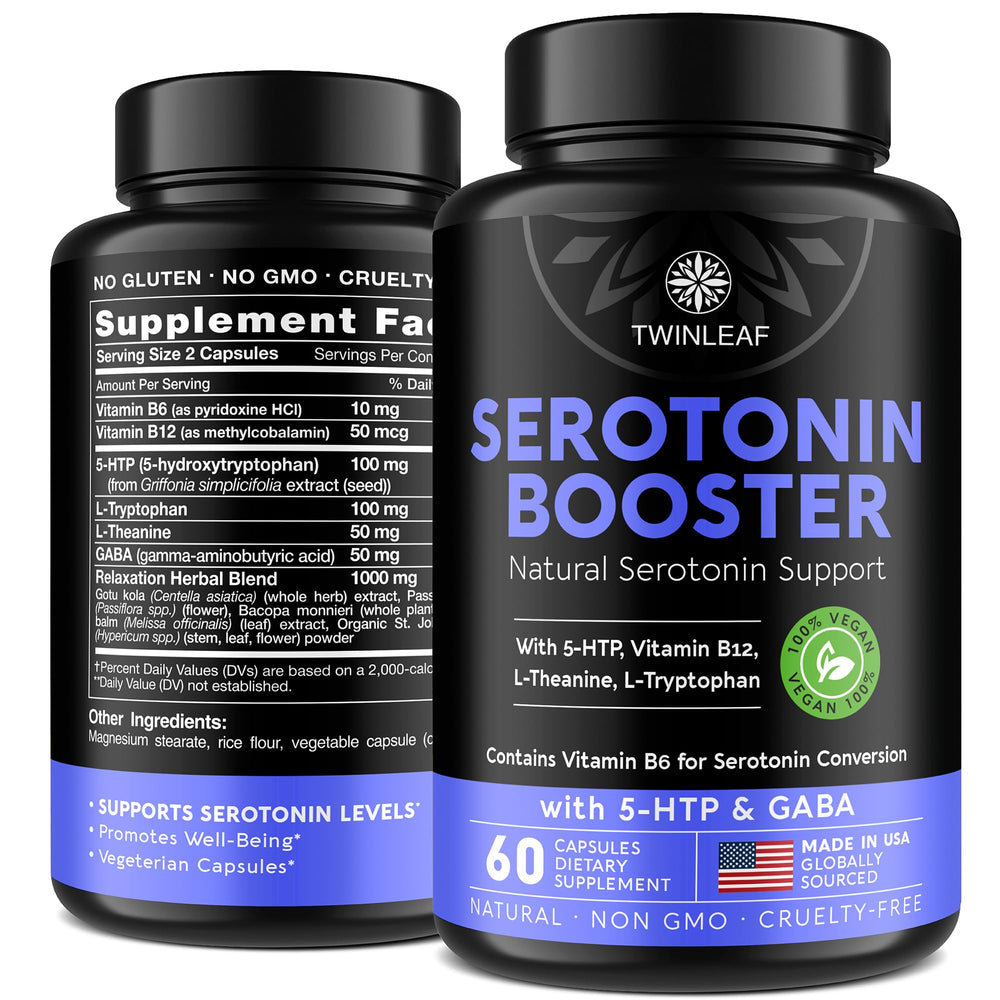 Twinleaf serotonin booster bottle promoting daily balance.