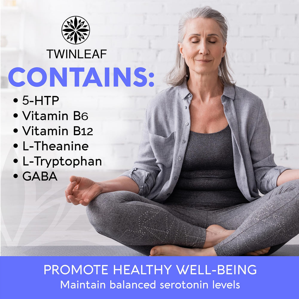 Twinleaf serotonin booster label highlights 60 capsules and USA quality.