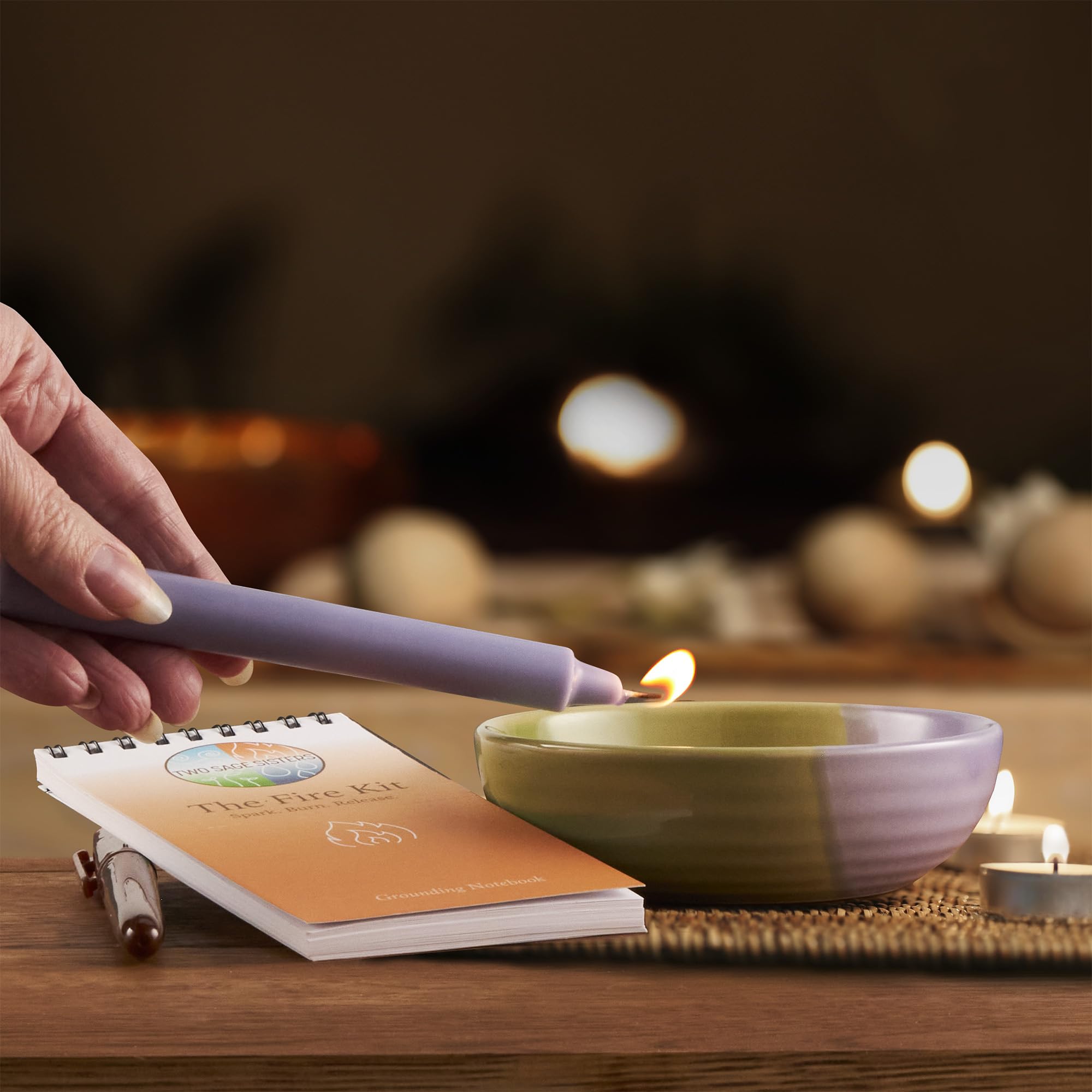 Two Sage Sisters Fire Kit affirmations in the notebook for positive reframing