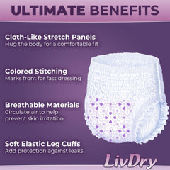 LivDry L absorbent core locks in moisture for longer intervals between changes