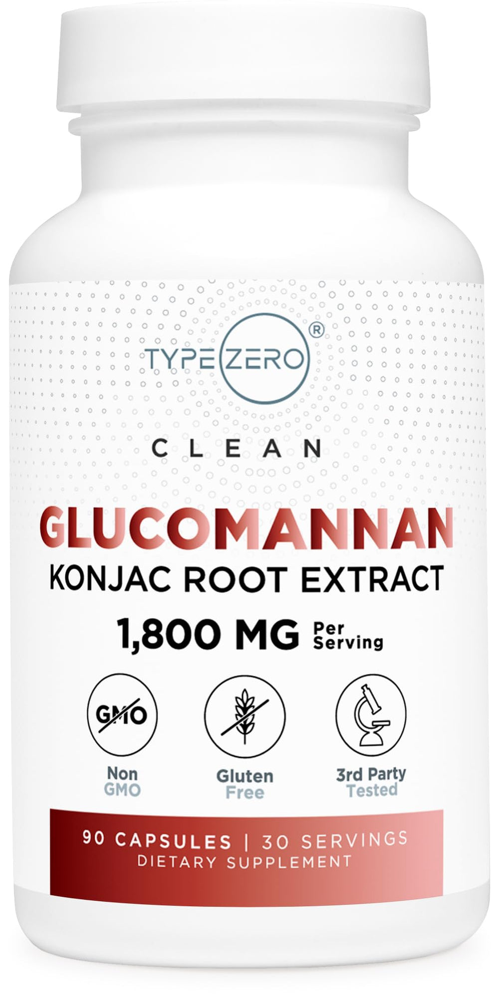 Type Zero Clean Glucomannan bottle with 90 capsules for convenient daily wellness.