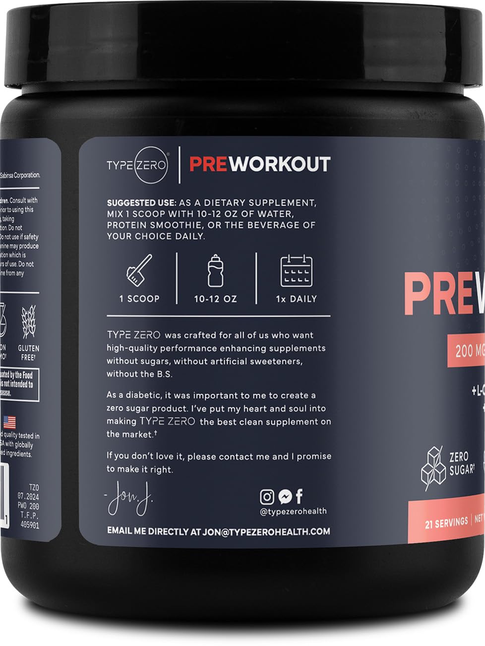 Type Zero Clean Pre Workout label close-up confirms GMP and USA-made quality