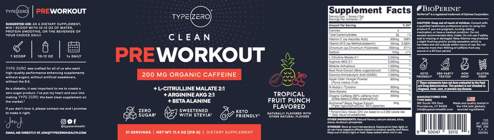 Type Zero Clean Pre Workout serving with glass and timer suggests on-the-go routine readiness