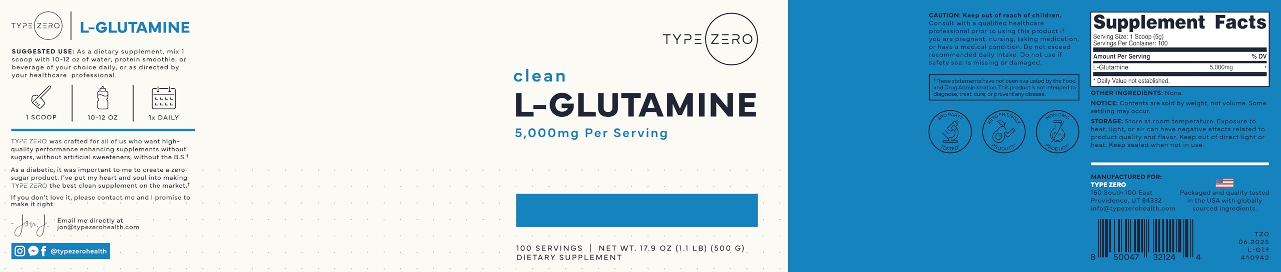 Type Zero L-Glutamine container with clean label for gym-ready routine.