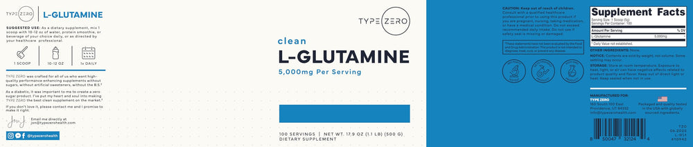 Type Zero L-Glutamine container with clean label for gym-ready routine.