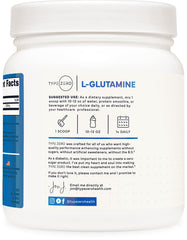 Type Zero L-Glutamine powder close-up on the label, highlighting quality ingredients.