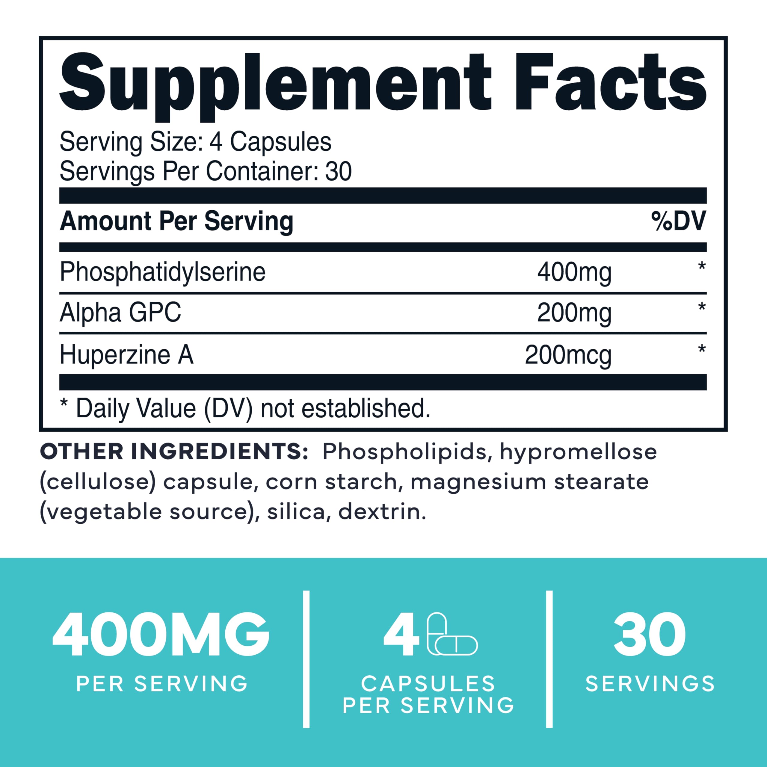 Type Zero phosphatidylserine 3X Strength label closeup: clear ingredients.