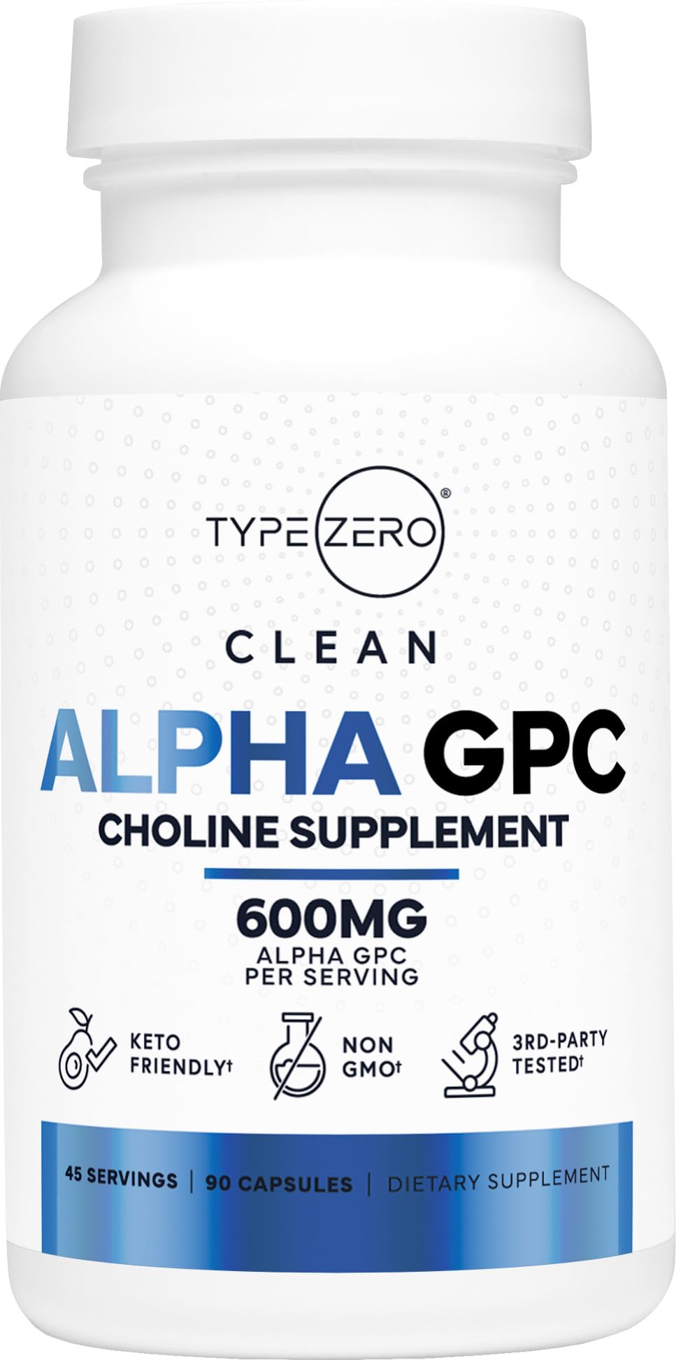 Type Zero Ultra Clean Alpha GPC bottle front showing 600 mg per capsule for daily focus