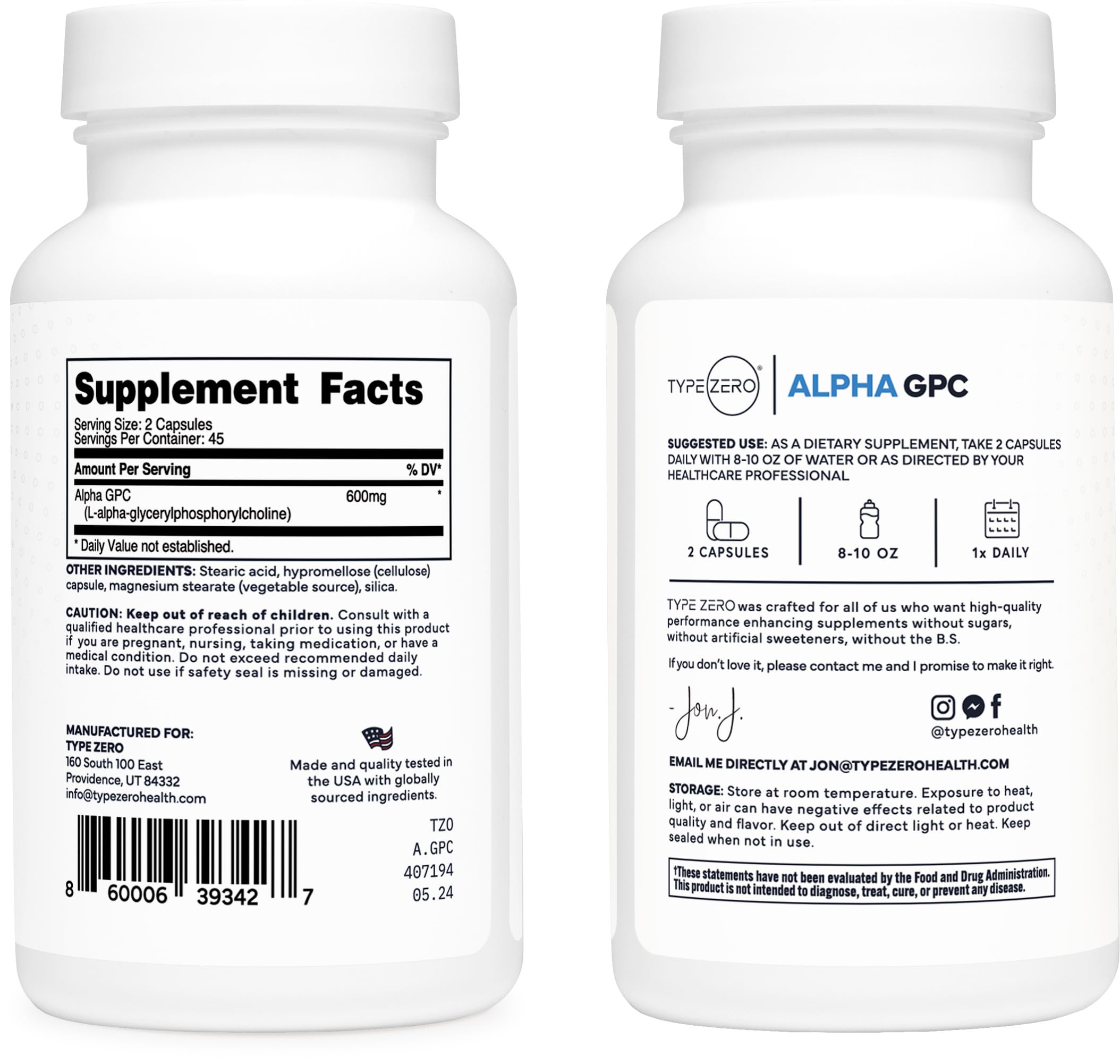 Type Zero Alpha GPC capsules closeup highlighting 90 capsules per bottle for easy daily use