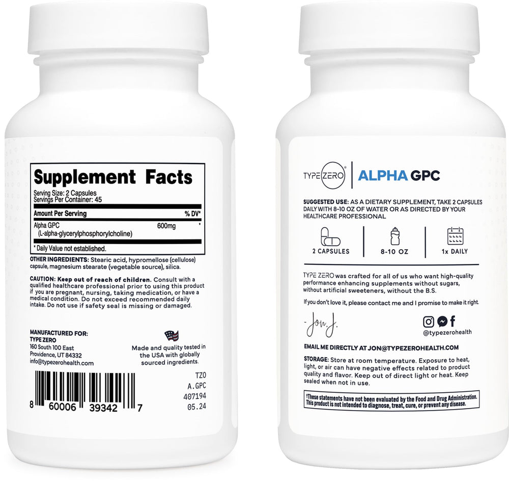 Type Zero Alpha GPC capsules closeup highlighting 90 capsules per bottle for easy daily use