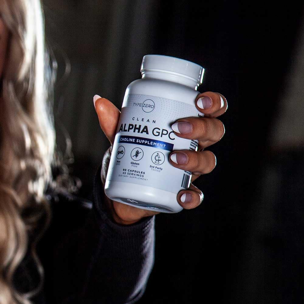 Type Zero Alpha GPC label close-up with ingredients and certifications for quality assurance