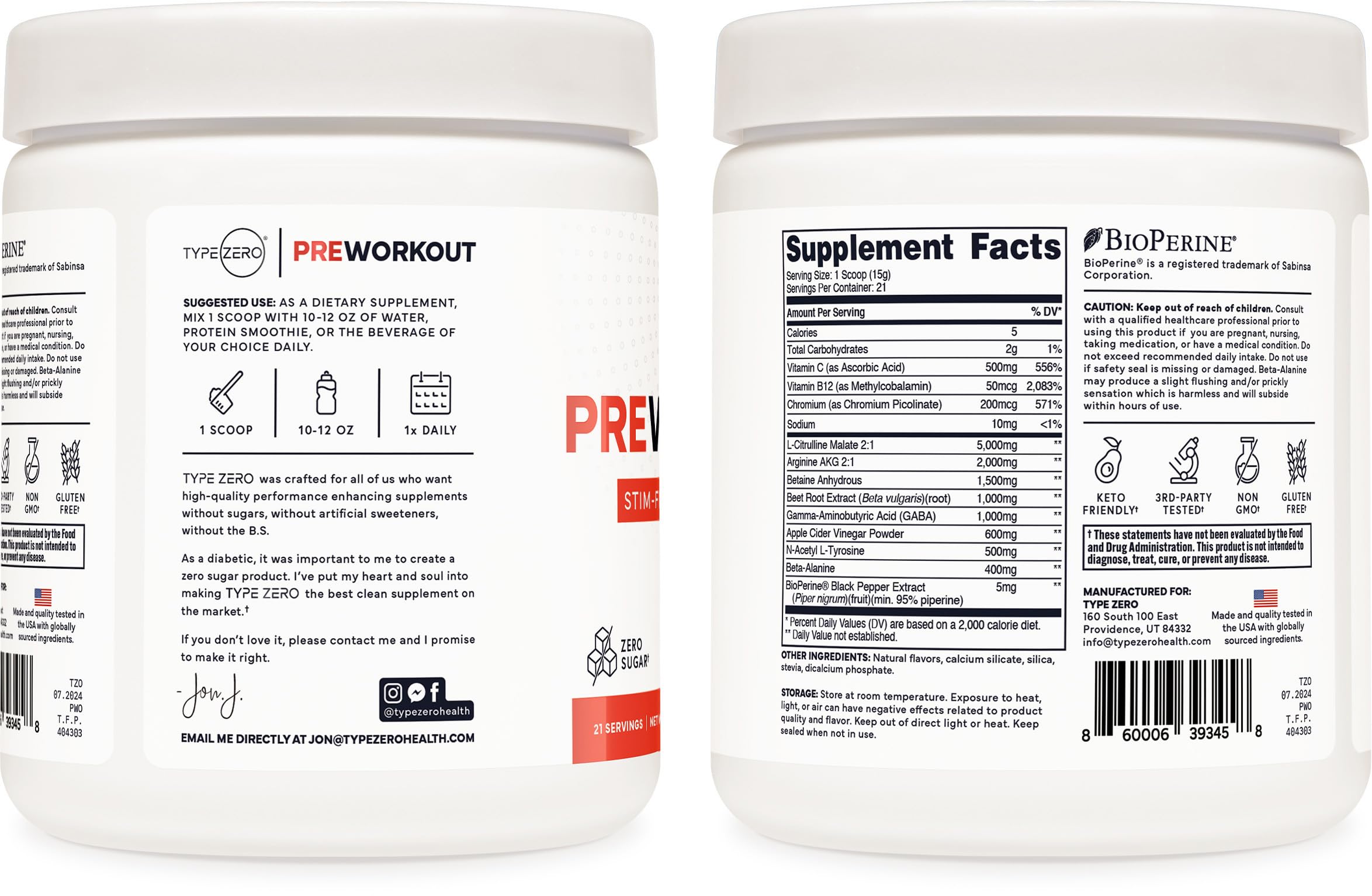 Type Zero Ultra Clean Stim Free Pump Fruit Punch bottle back with nutrition details for informed choice