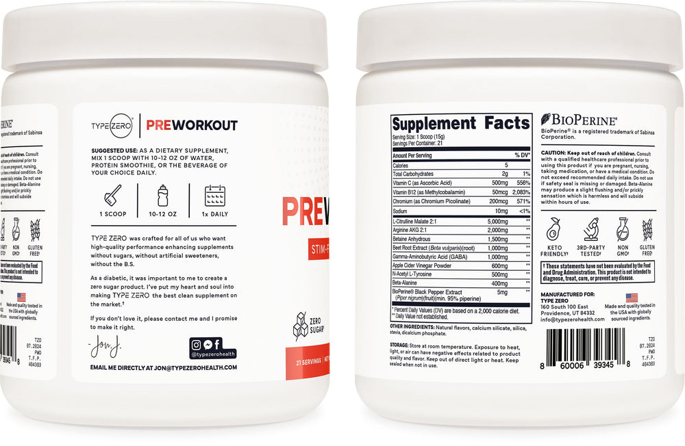 Type Zero Ultra Clean Stim Free Pump Fruit Punch bottle back with nutrition details for informed choice