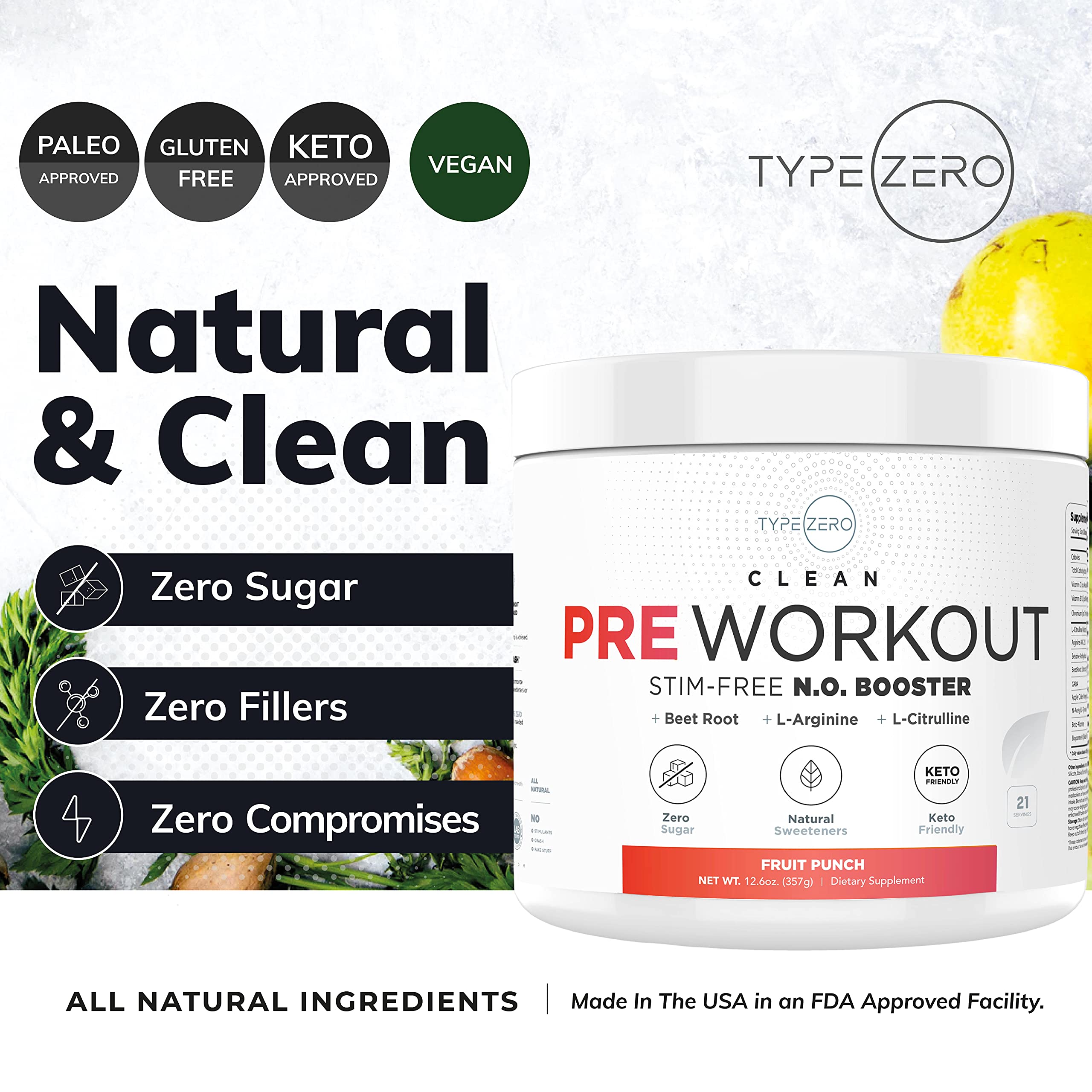 Type Zero Ultra Clean Stim Free Pump Fruit Punch powder texture close-up for easy mixing