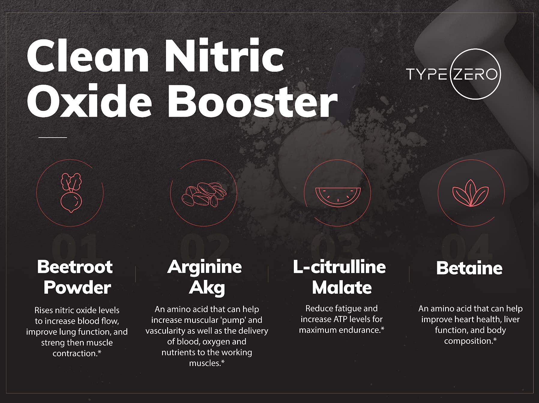 Type Zero Ultra Clean Stim Free Pump Fruit Punch ingredients close-up featuring 7G arginine citrulline malate for potential pumps