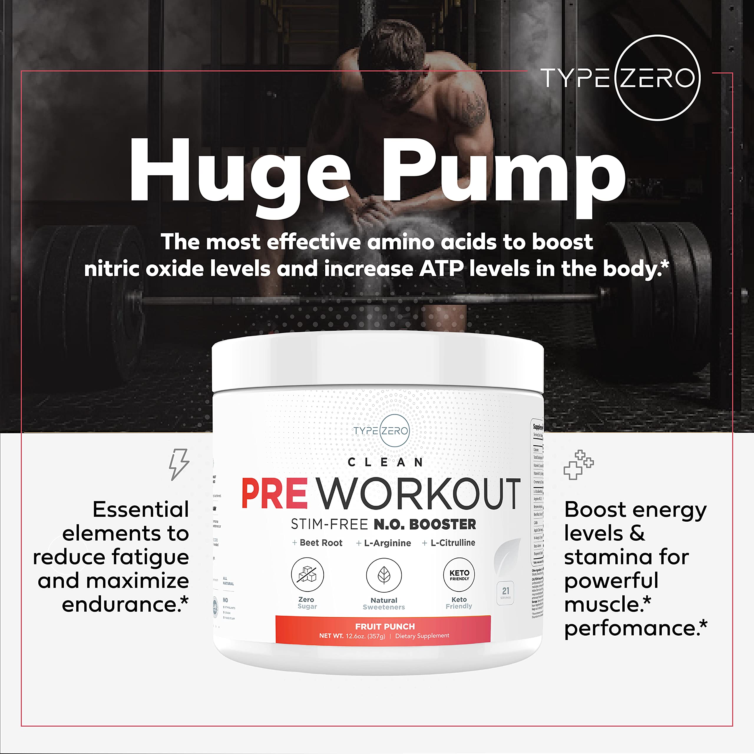 Type Zero Ultra Clean Stim Free Pump Fruit Punch nutrition label close-up for transparent details