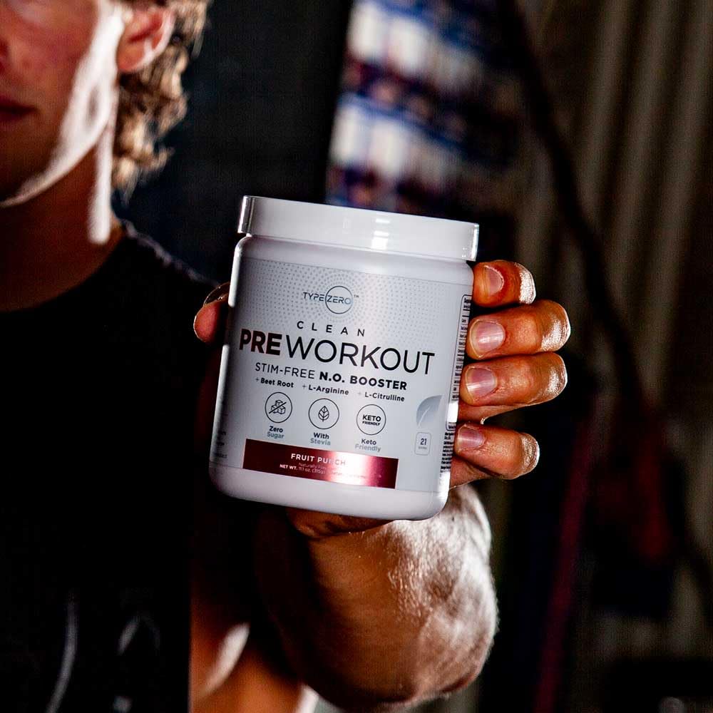 Type Zero Ultra Clean Stim Free Pump Fruit Punch packaging highlights beetroot and arginine ingredients for NO support