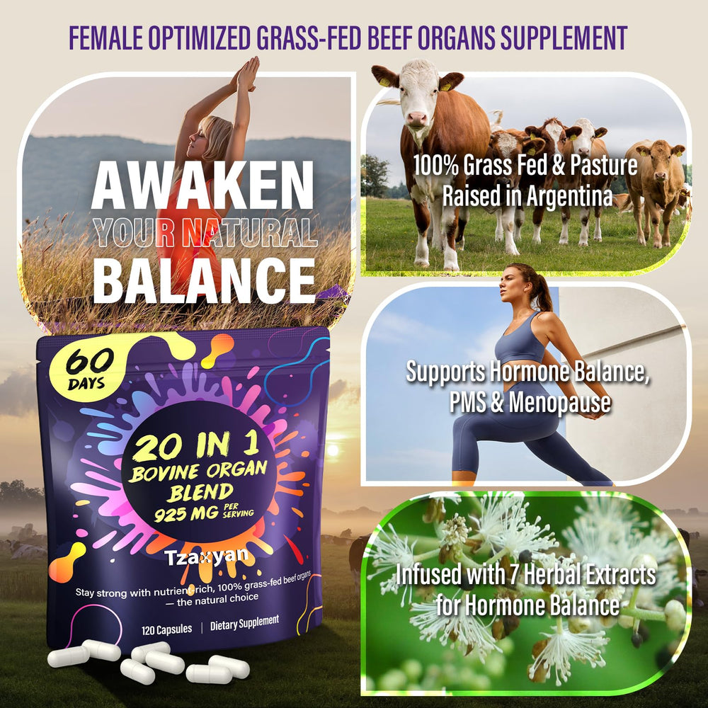 tzaxyan 20-in-1 beef organ supplement capsules close-up highlighting blend