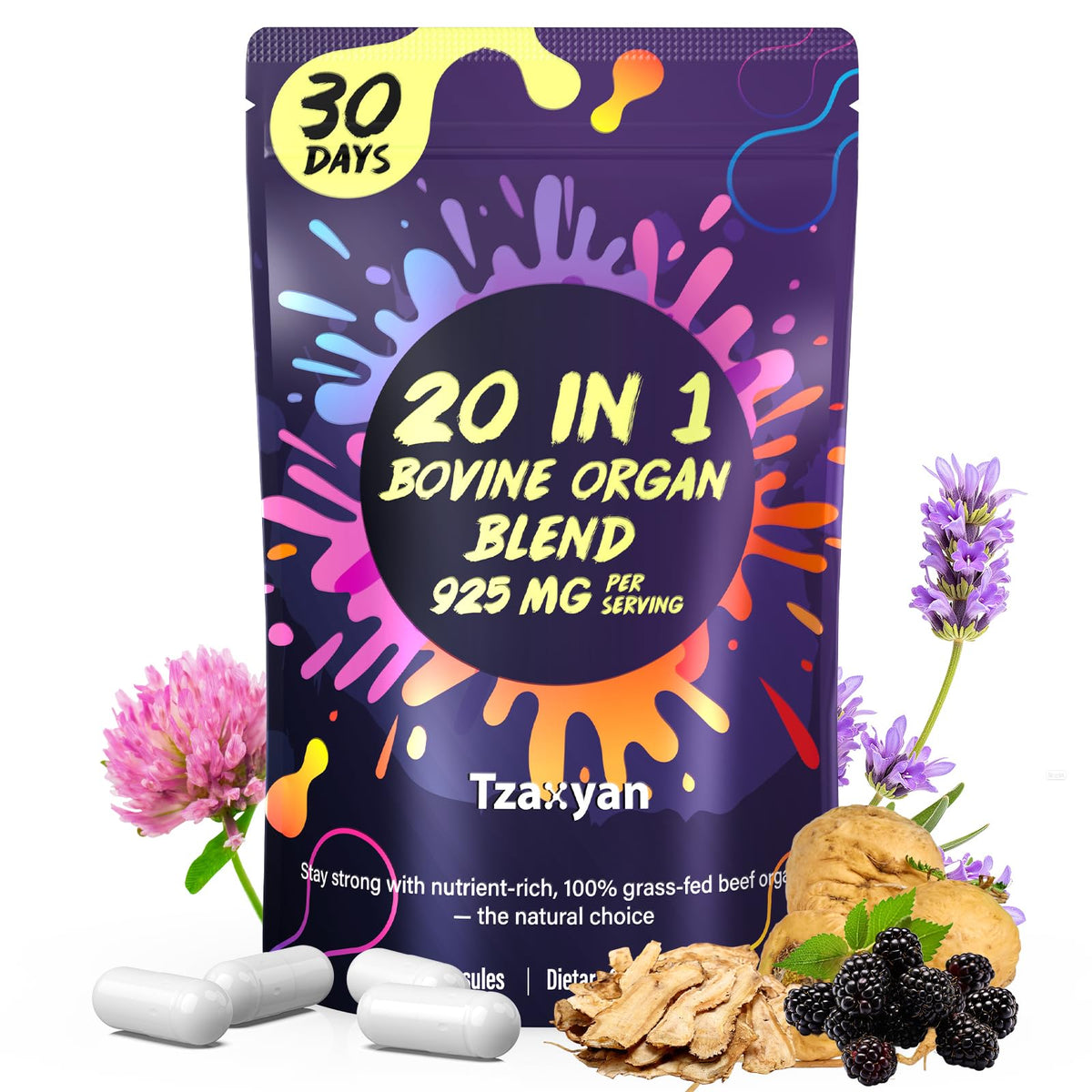 tzaxyan 20-in-1 beef organ liver bottle promotes natural energy with grass-fed nutrition.