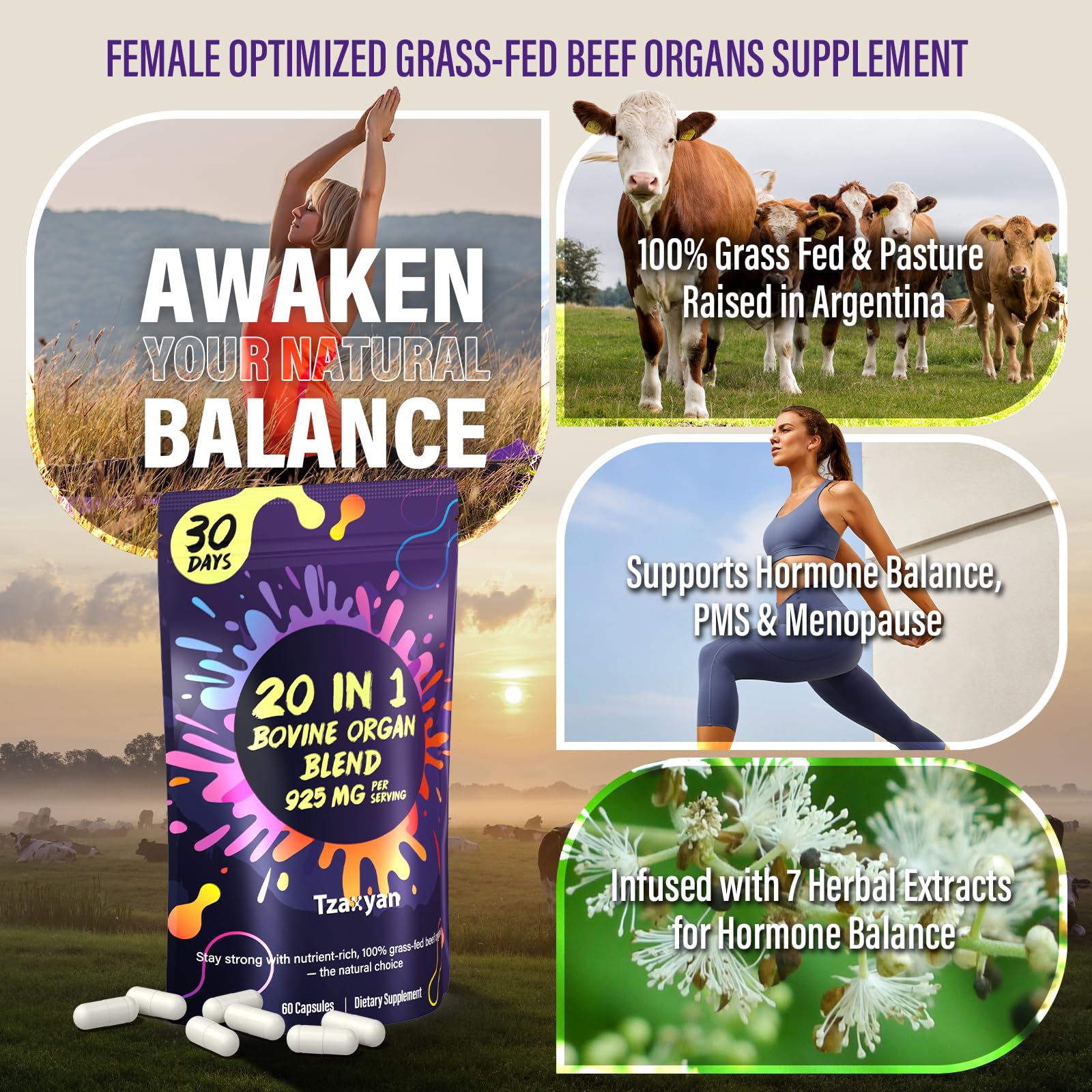 tzaxyan 20-in-1 beef organ uterus capsules highlight hormonal balance support for women.