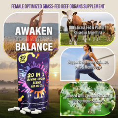 tzaxyan 20-in-1 beef organ uterus capsules highlight hormonal balance support for women.