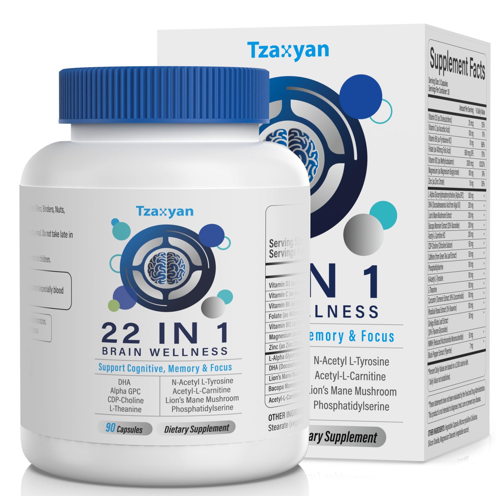 TZAXYAN brain supplement bottle ready for daily memory and focus use