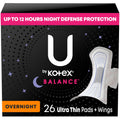 U by Kotex Balance Ultra Thin Overnight Pads with Wings, 26 Count – 12-Hour Night Defense