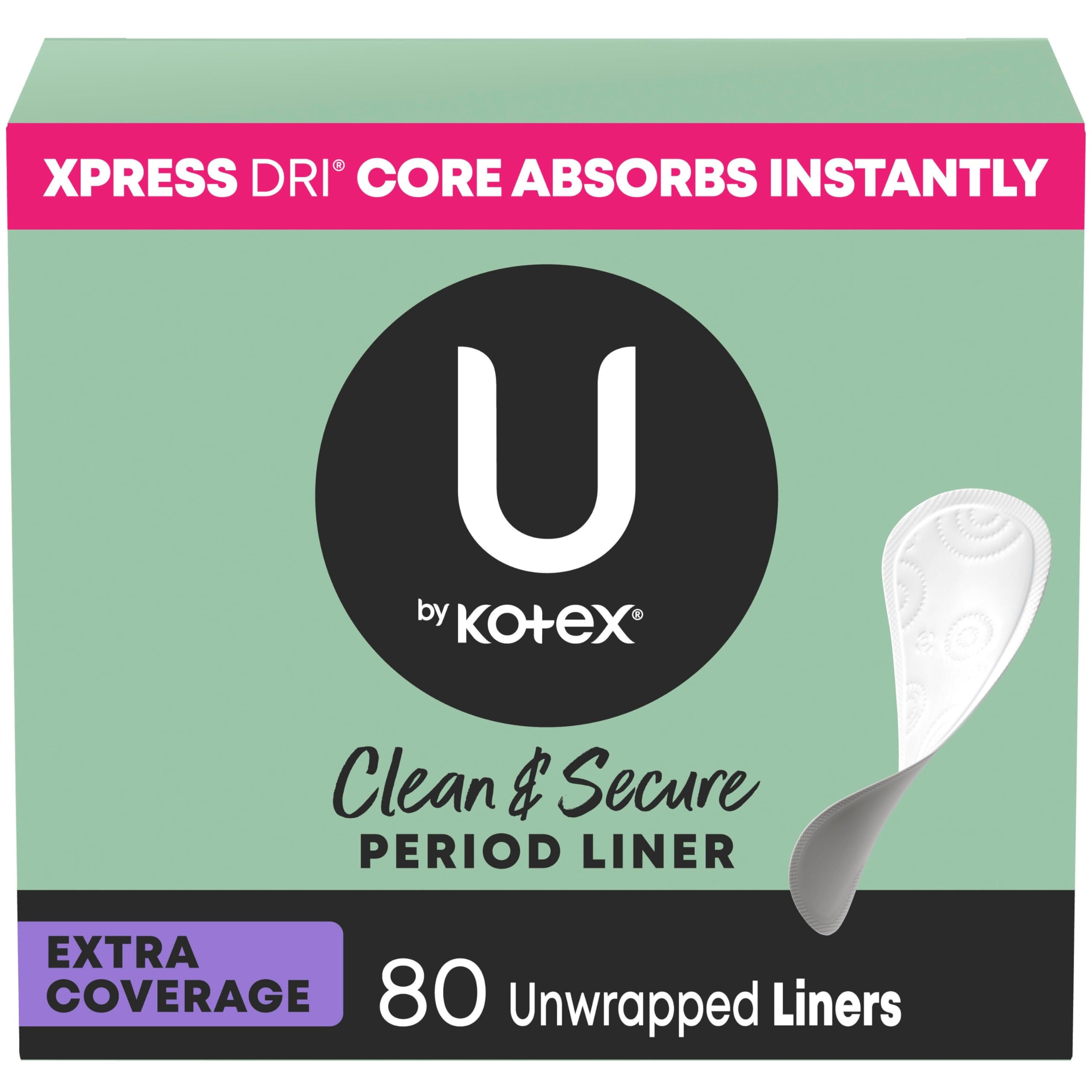 U by Kotex Clean and Secure liner packaging showing 80 count box for on-the-go protection