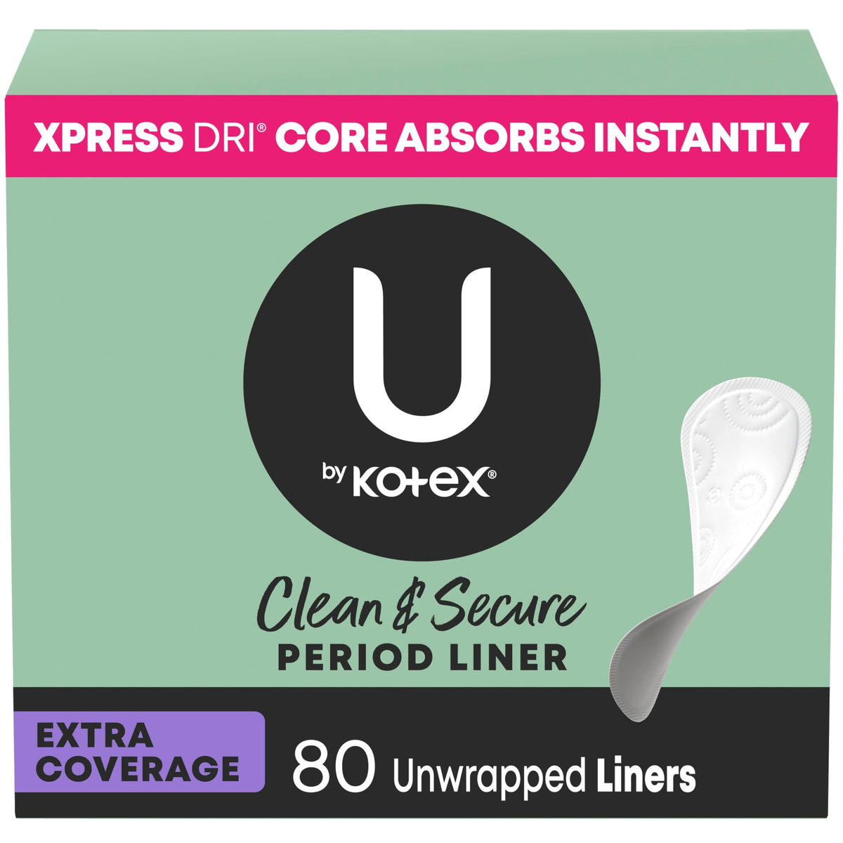 U by Kotex Clean and Secure liner packaging showing 80 count box for on-the-go protection
