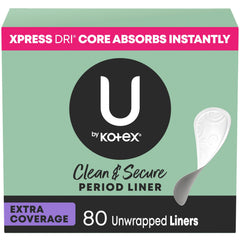 U by Kotex Clean and Secure liner packaging showing 80 count box for on-the-go protection