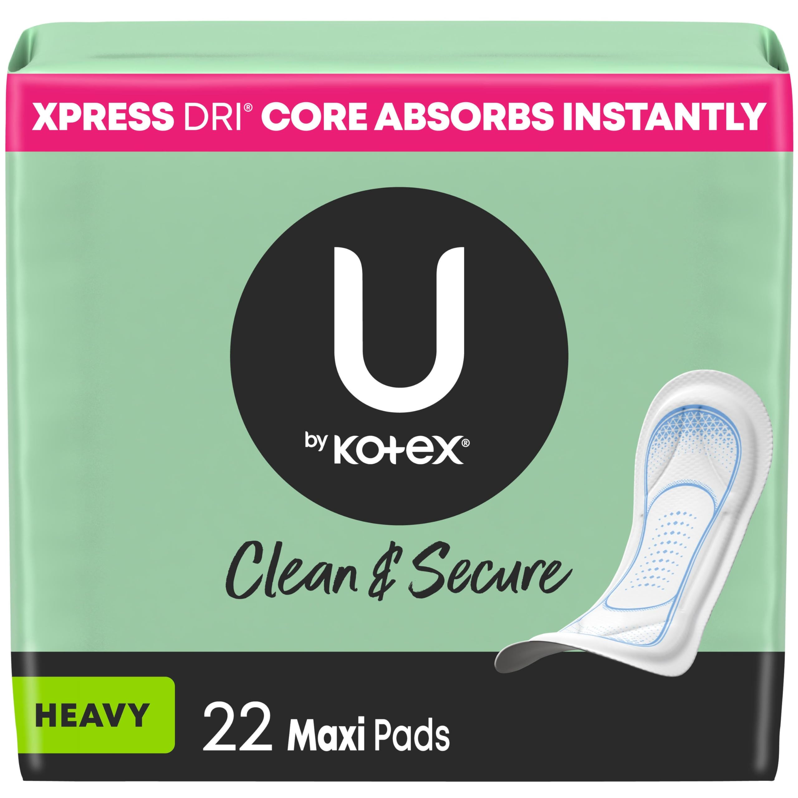 U by Kotex Clean & Secure Maxi Pad packaging shows a 22-count box for daily protection.