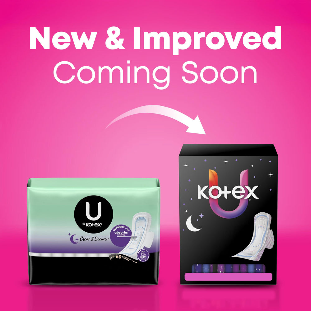 U by Kotex overnight pads with wings, 60% larger back, for better nighttime coverage.