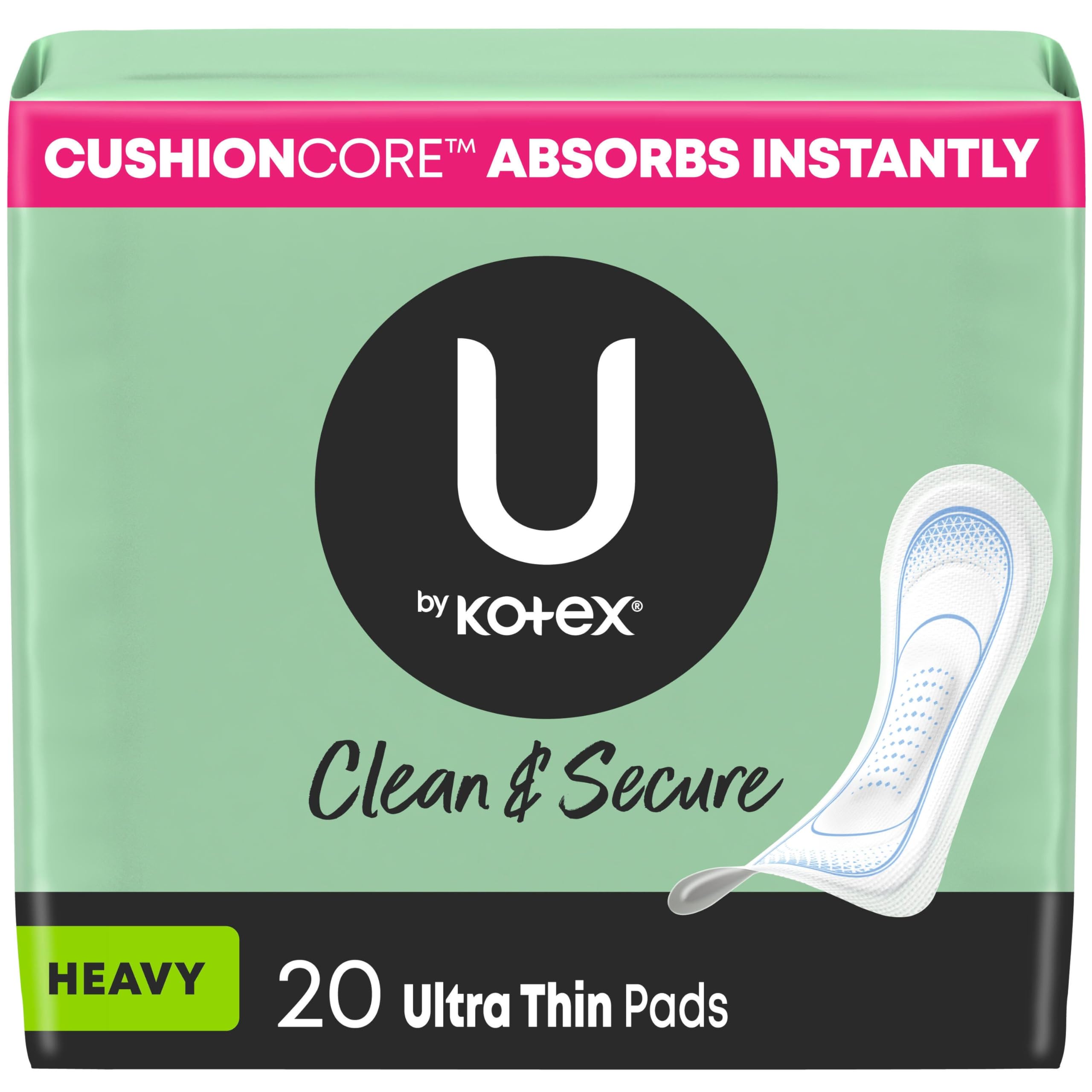 U by Kotex Clean & Secure Ultra Thin Pads heavy absorbency in a 20-count package for daily protection