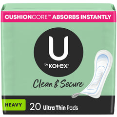 U by Kotex Clean & Secure Ultra Thin Pads heavy absorbency in a 20-count package for daily protection