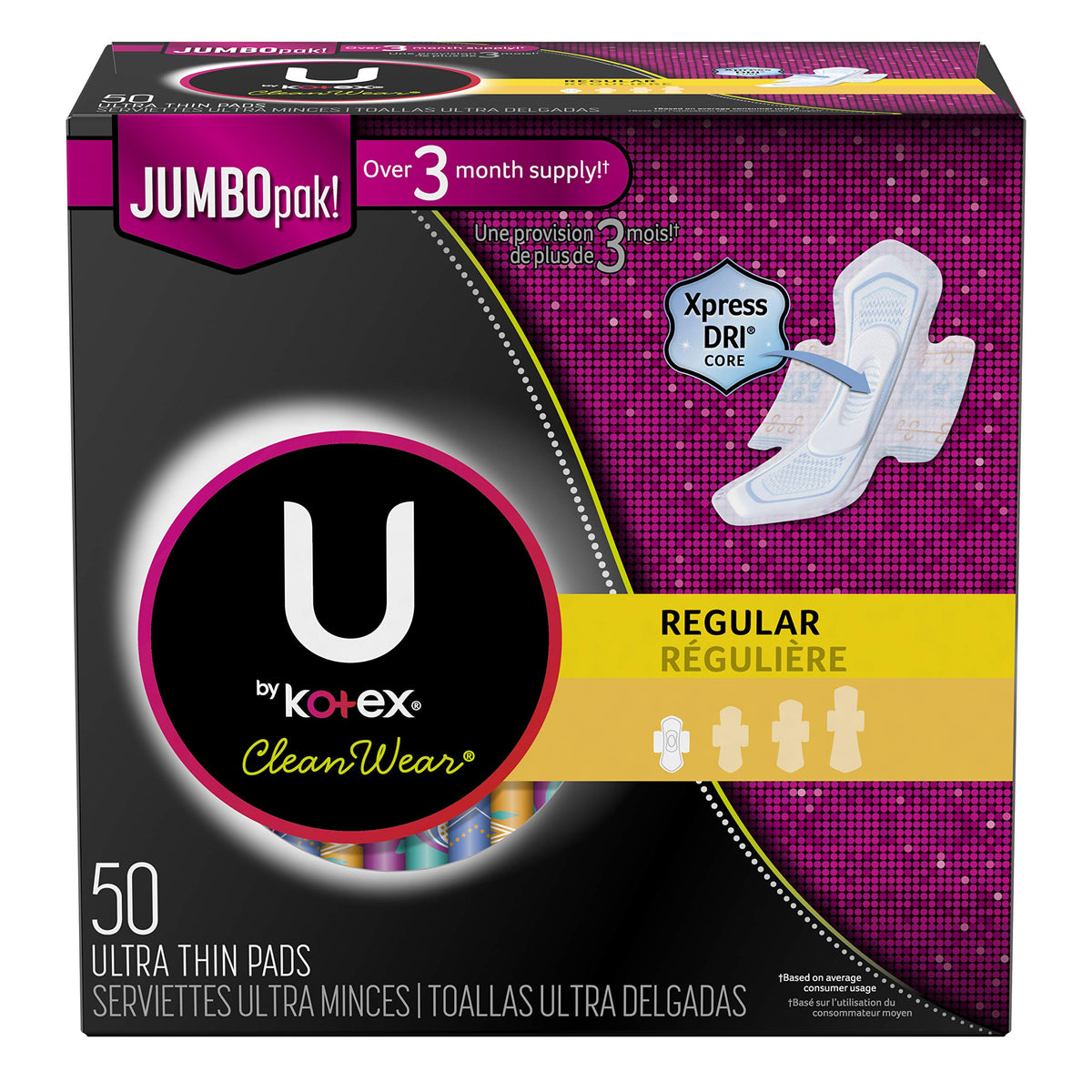 U by Kotex CleanWear pack: fragrance-free ultra thin pads with wings for daily protection