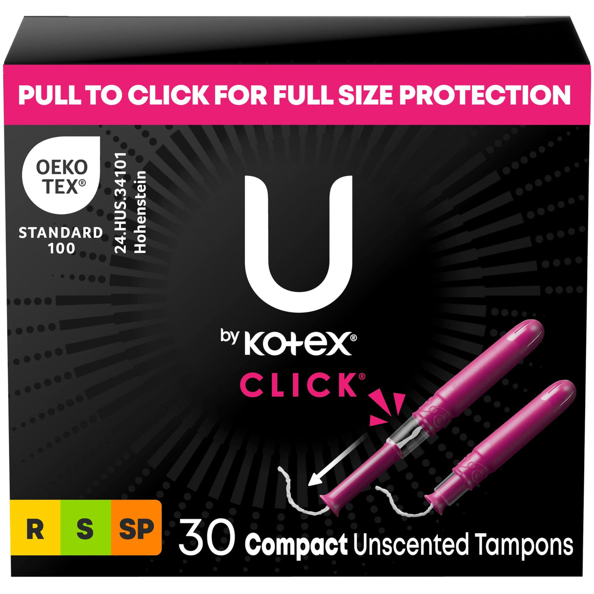 U by Kotex Click tampons in vibrant packaging for on-the-go protection