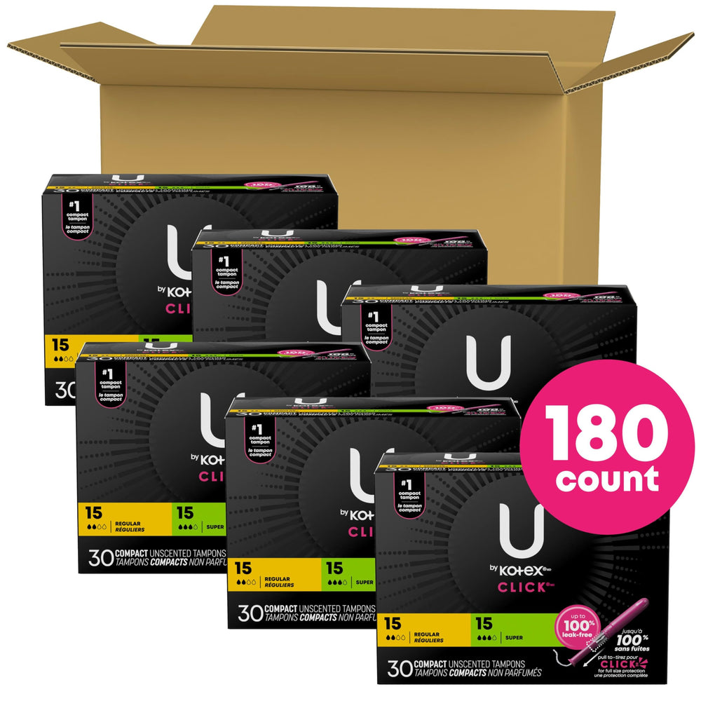 Plastic-wrapped U by Kotex Click tampons in purse-friendly packaging for daily carry
