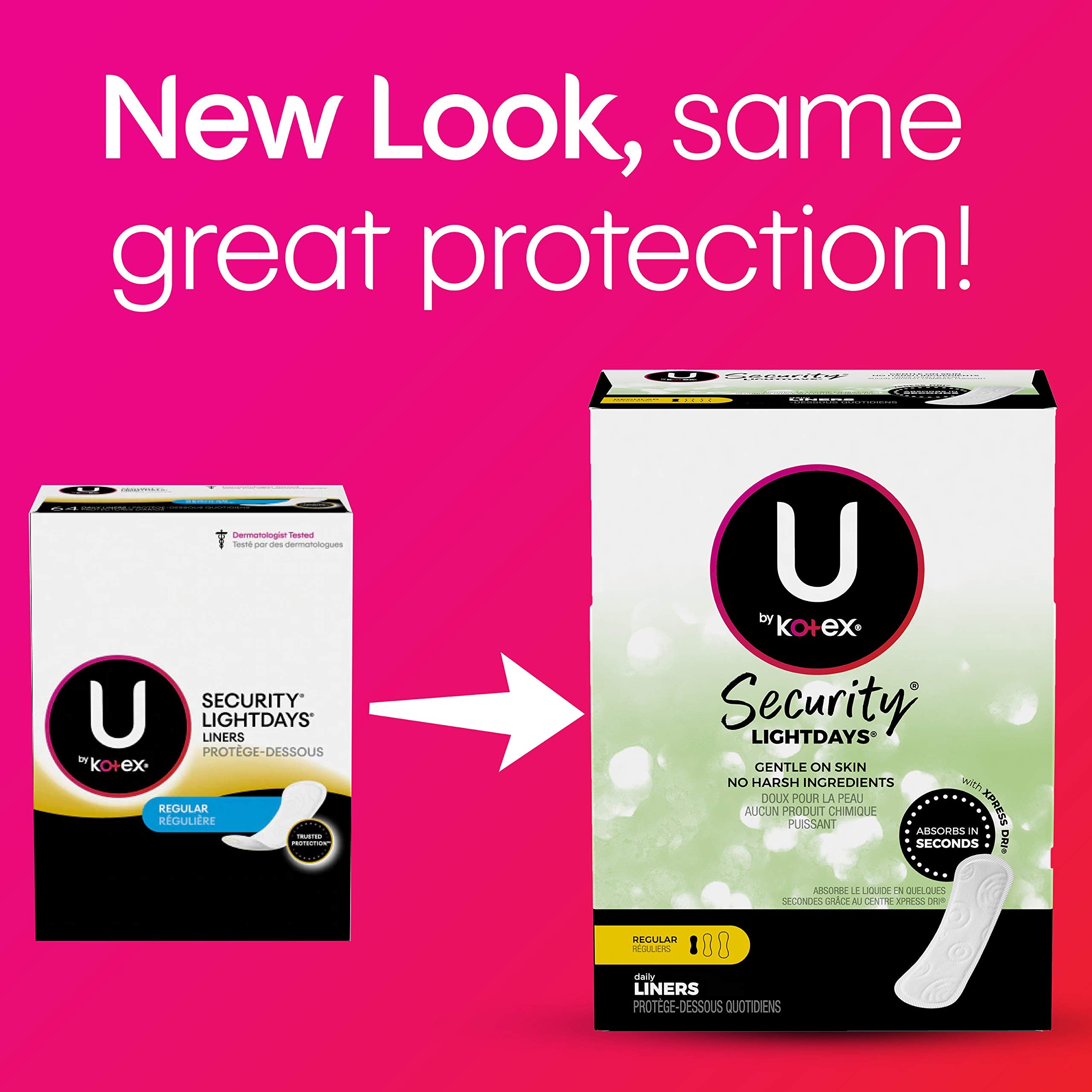 U by Kotex Lightdays regular liner showing front-to-back adhesive for secure placement