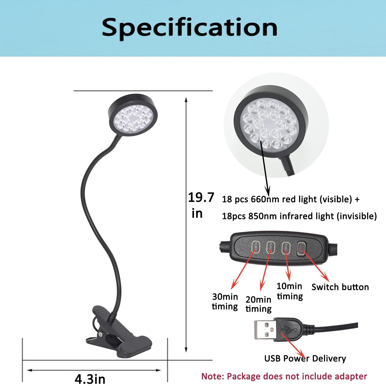 Close-up of 660nm red and 850nm infrared LEDs for deep tissue reach.