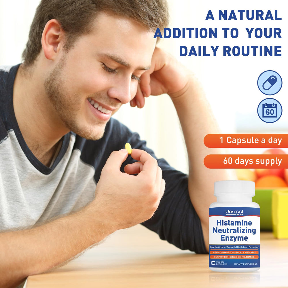 Uarcool DAO enzyme supplement in a 60 softgels bottle ready for monthly supply.