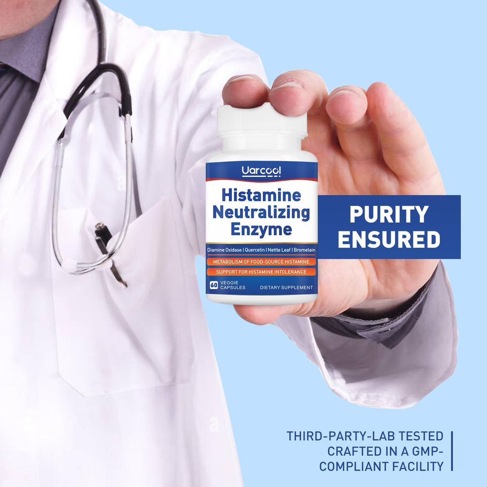 Uarcool DAO enzyme supplement packaging indicates US manufacturing standards.