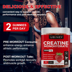 Ubiney gummies strawberry bottle close-up highlighting sugar-free, vegan ingredients