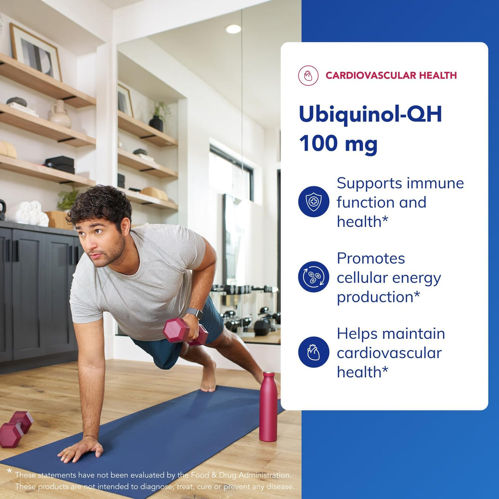 Ubiquinol-QH capsule close-up emphasizing 100 mg CoQ10 per serving for daily vitality.