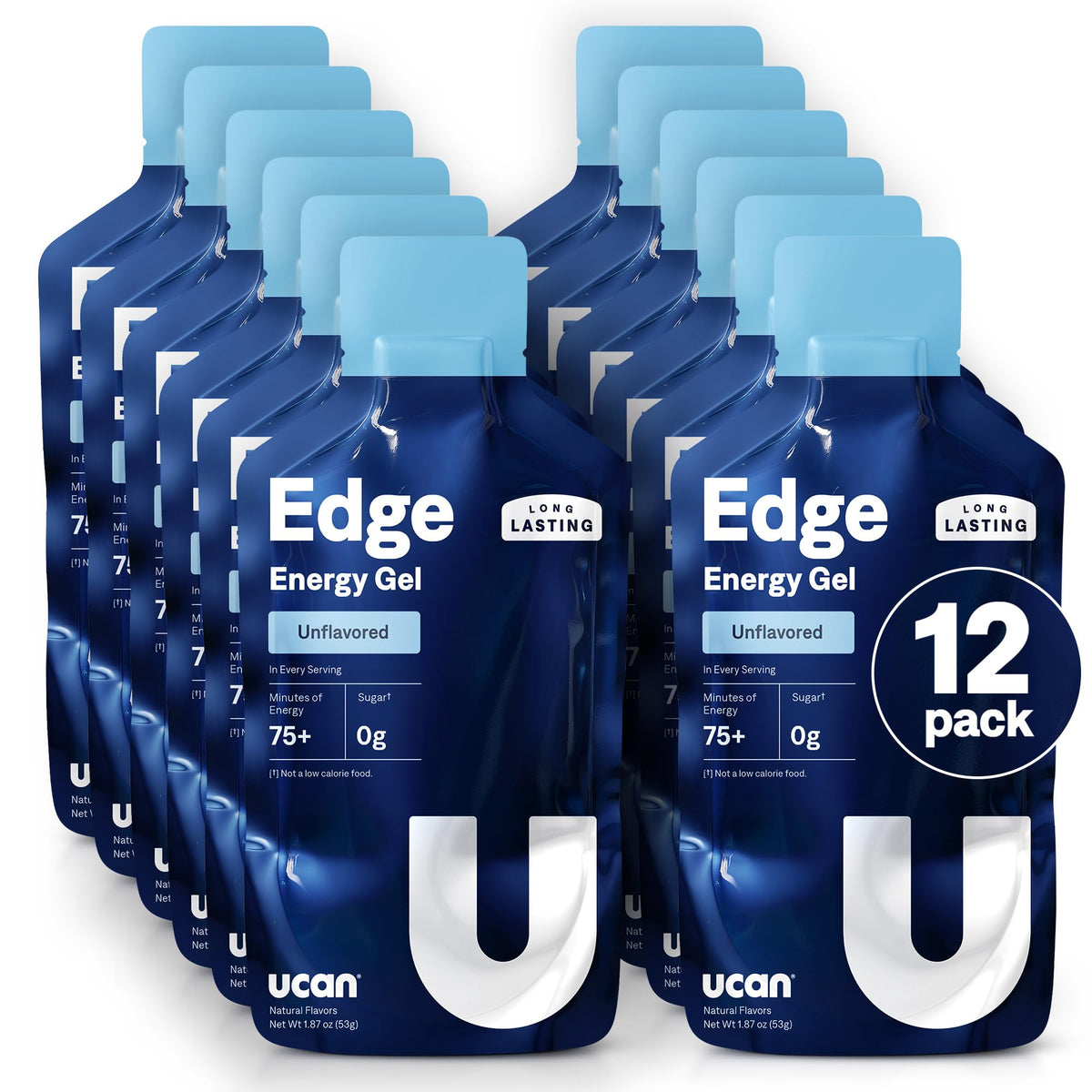 UCAN Edge energy gel packets close-up showing unflavored formula for steady energy